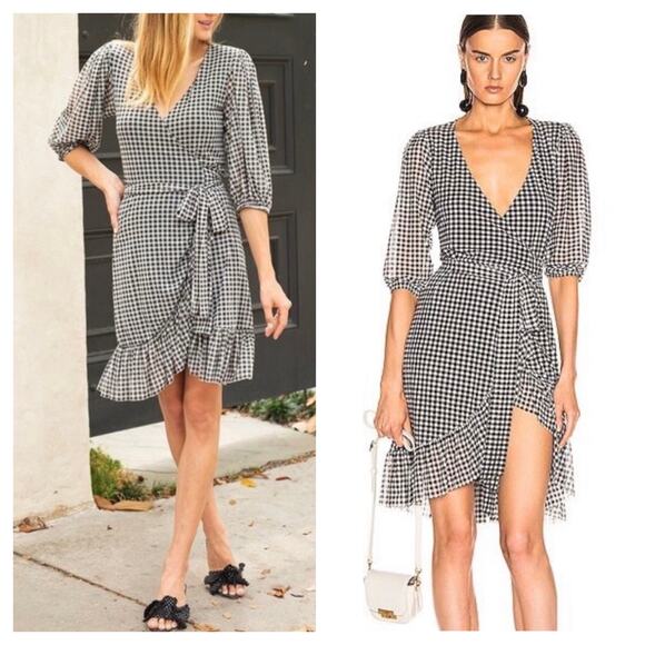 Ganni Gingham Mesh Wrap Mini Dress Size 40 Ruffle Stretch Black White Check - Picture 2 of 13